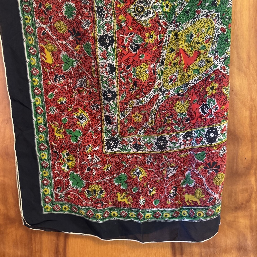 Vintage Red Green Yellow Boho Floral Lion jaguar Square Scarf 30" - Picture 9 of 11